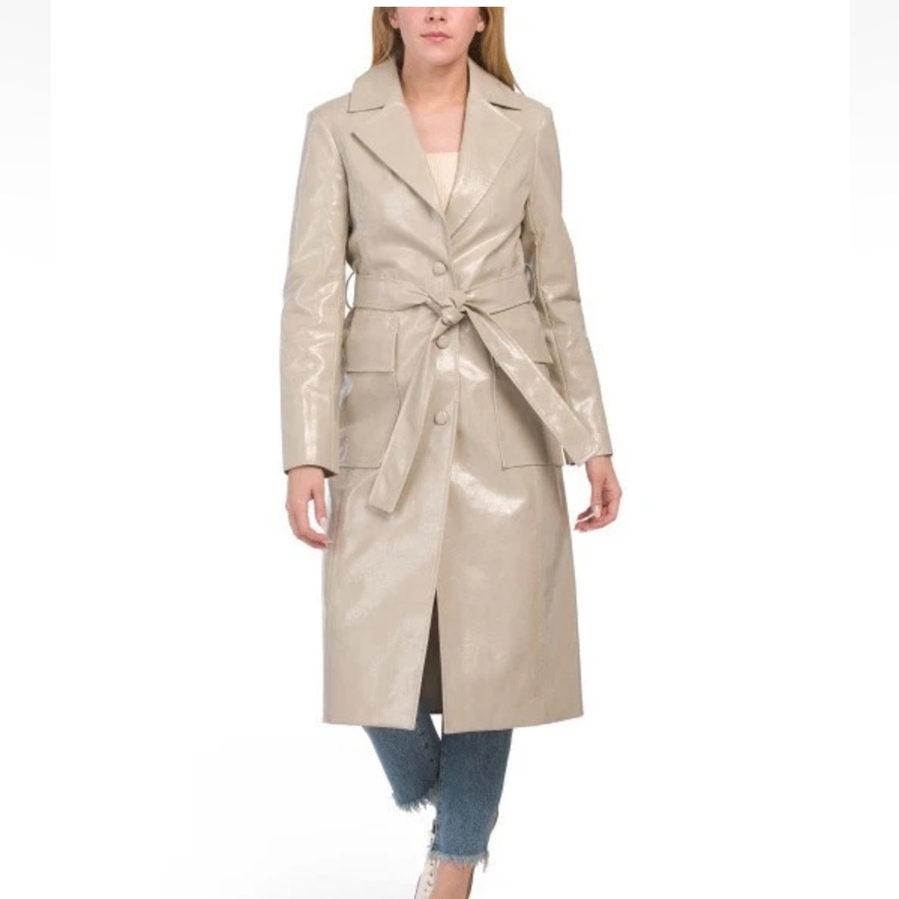Brand New AVEC LES FILLES Glossy Taupe Faux Leather Trench Coat sz L